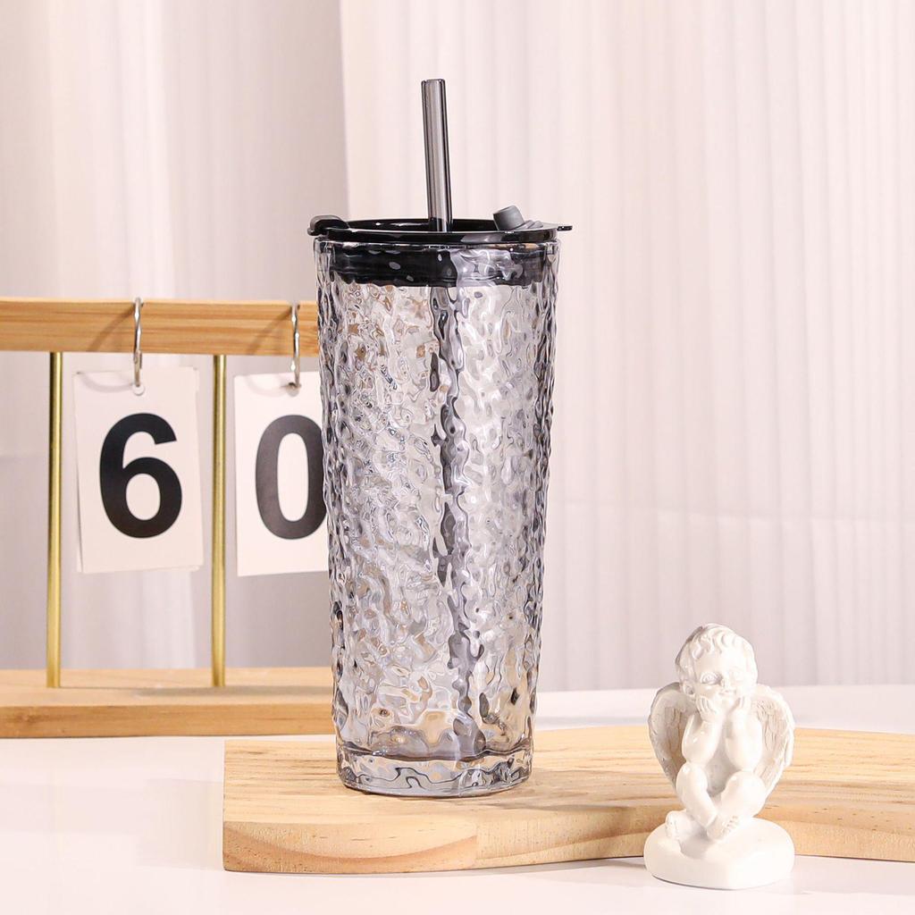 Large Capacity Transparent Glass Straw Cup with Lid for Office Drinks: Milk Tea, Coffee, Americano, Latte, Juice