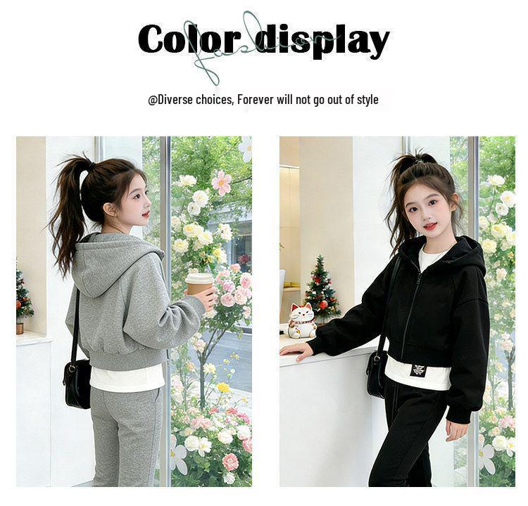 Spring Korean Style Girls' Casual Sports 3-Piece Set: Flared Pants, Top & Jacket