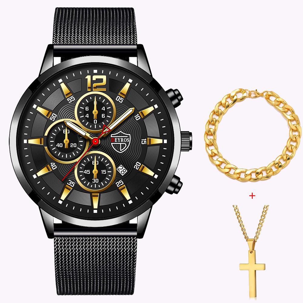 

3 шт./компл. модные мужские спортивные часы мужские наручные часы из нержавеющей стали с сетчатым ремнем мужские кварцевые часы, браслет и шейный платок чёрный/золотистый