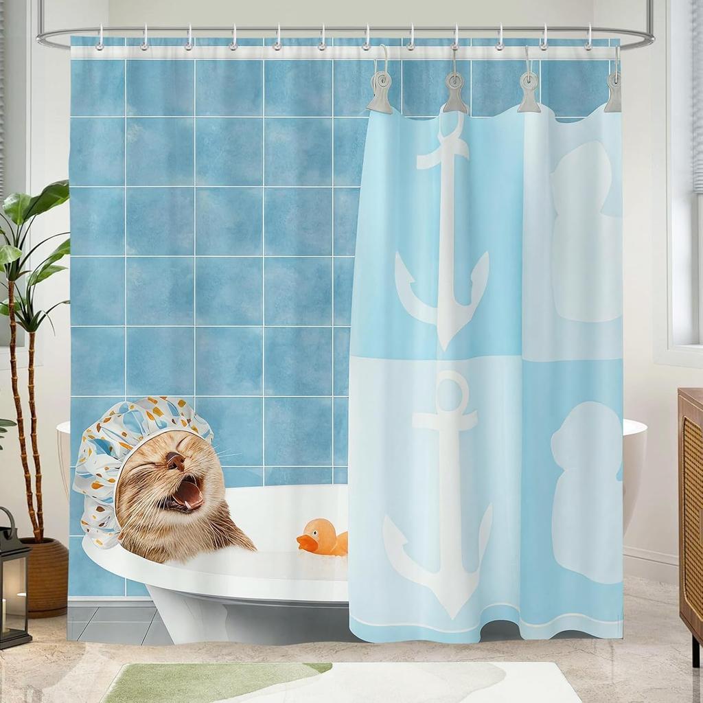 Funny Cat Shower Curtain,Blue Bathing Animal Cute Cartoon Kitten Yellow Rubber Duck Waterproof Polyester Fabric Bath Curtain