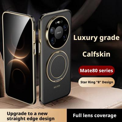 Luxury Grade Calfskin Leather Case For Huawei Mate 80 Pro Max Straight Edge Design Rotatable Holder Full Lens Coverage Cover