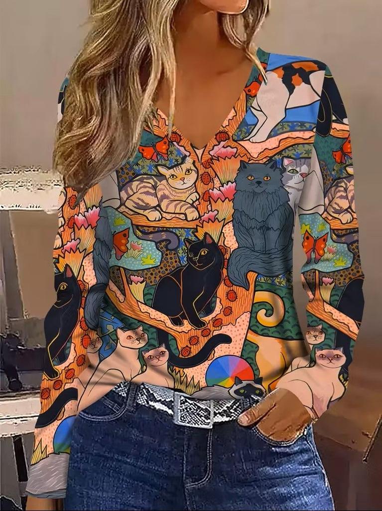 Damen Frühling und Herbst Baumwolle Mode Lässig Locker 3D Muster Gedruckt Rundhals Langarm T-Shirt Top