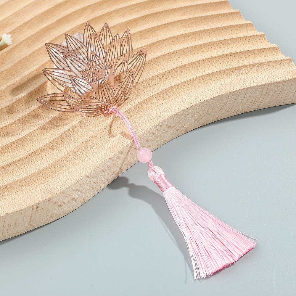 Pink Flower Metal Hollow Bookmarks With Tassel Pendant Apricot Leaf Lotus Rose Bookmark Gifts For Teachers Friends Book Lovers