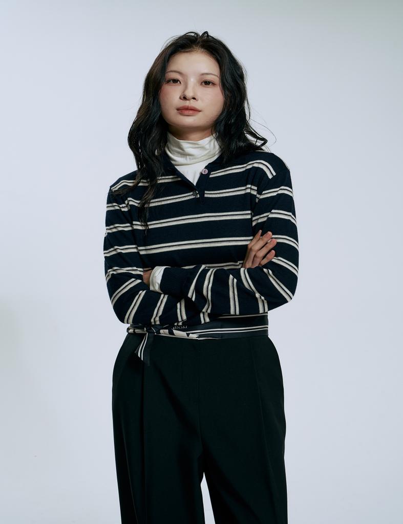 CLEVER FIELD Academy Striped Collared Knit_Black