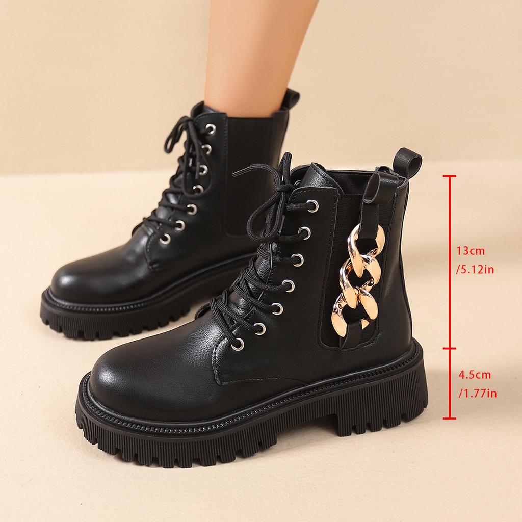 Martin Boots Short Leather Boots Women's Autumn and Winter New Large Size Metal Chain Decorative Chelsea Short Boots Women's Boots