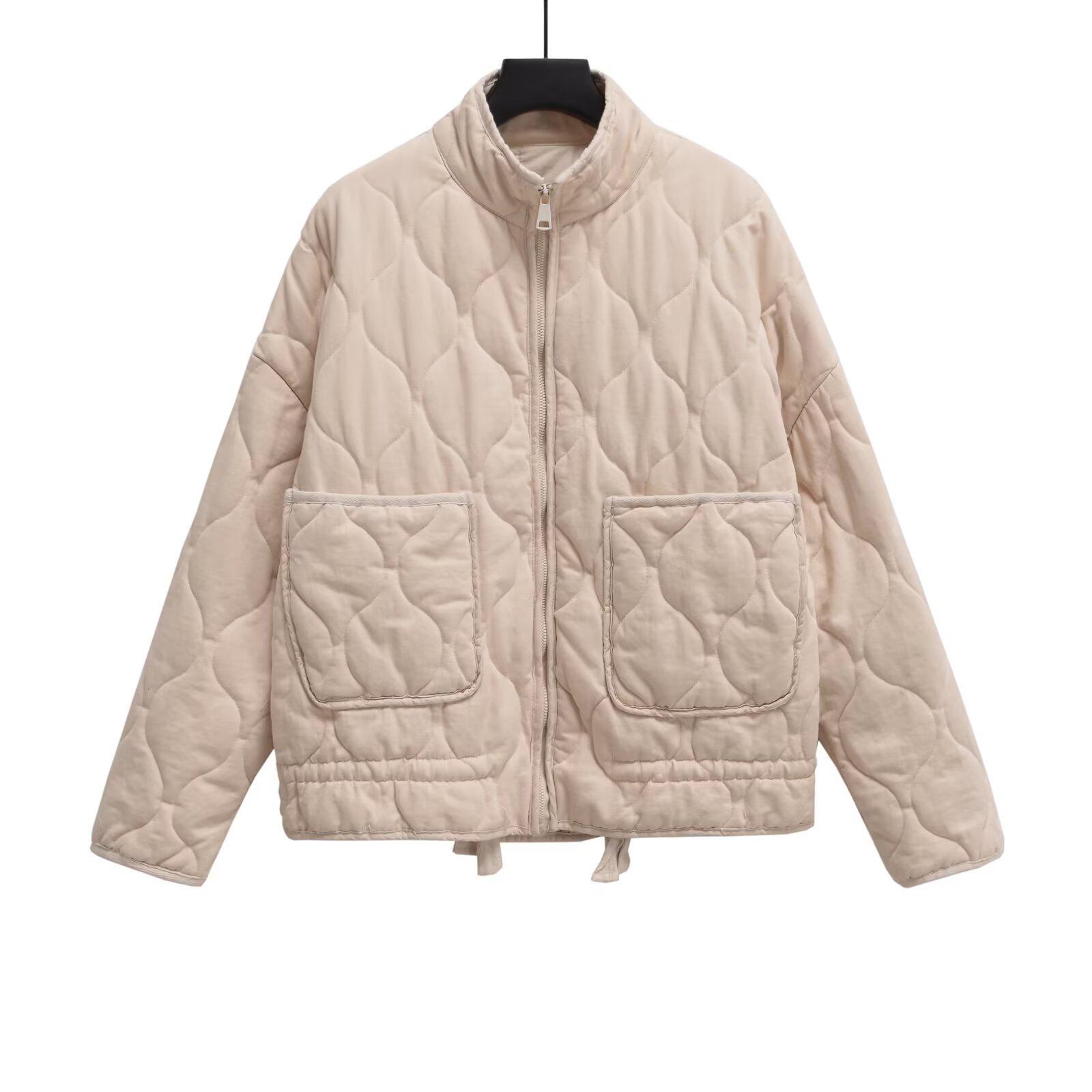 

Women s Washed Cotton Jacket with Stand Collar, Zipper, Large Pockets & Belt - Autumn/Winter Collection M