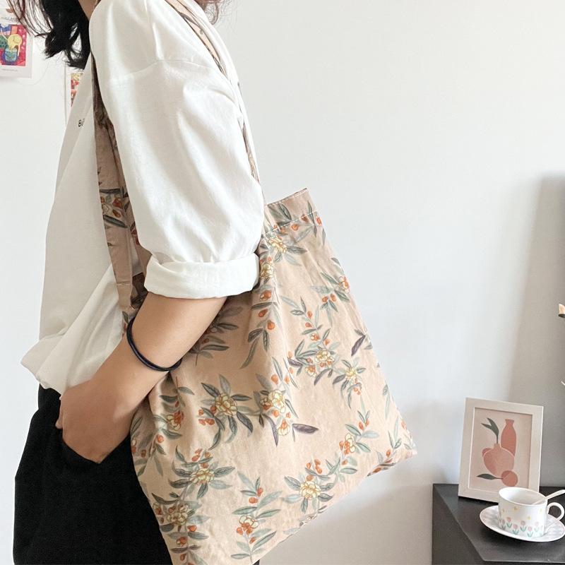 Vintage Style Women's Shoulder Bag Flower Print Large Capacity Ladies Underarm Bags Female Shopping Bag Casual Tote Handbags