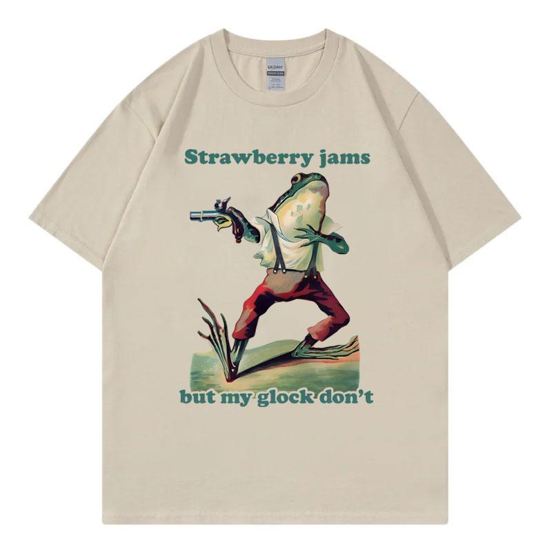 Strawberry Jams But My Glock Dont Funny Frog Meme Tshirt High Quality Fashion Oversized T Shirt Unisex Casual Cotton Tshirts