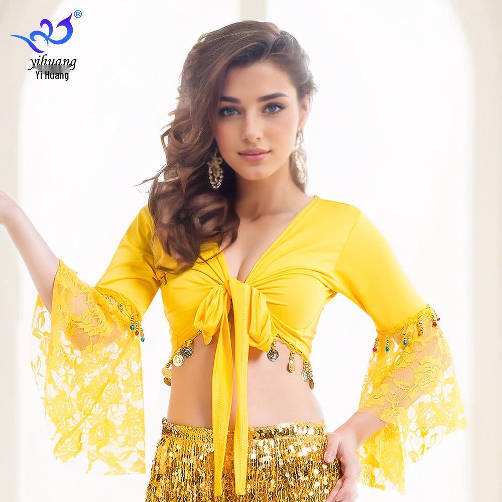 Belly Dance Lace Top with Flared Sleeves and Tassels for Performances