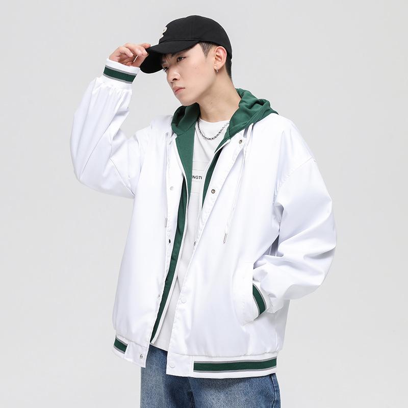 Spring and autumn new style fake two-piece contrasting hooded baseball uniform outer fashionable jacket for men and teenagers