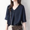 short for summer [Yino] Shirts, blouses, women's, sleeves, tops, V-neck, decorative, tucks, body-concealing, slimming, loose, plain, simple,