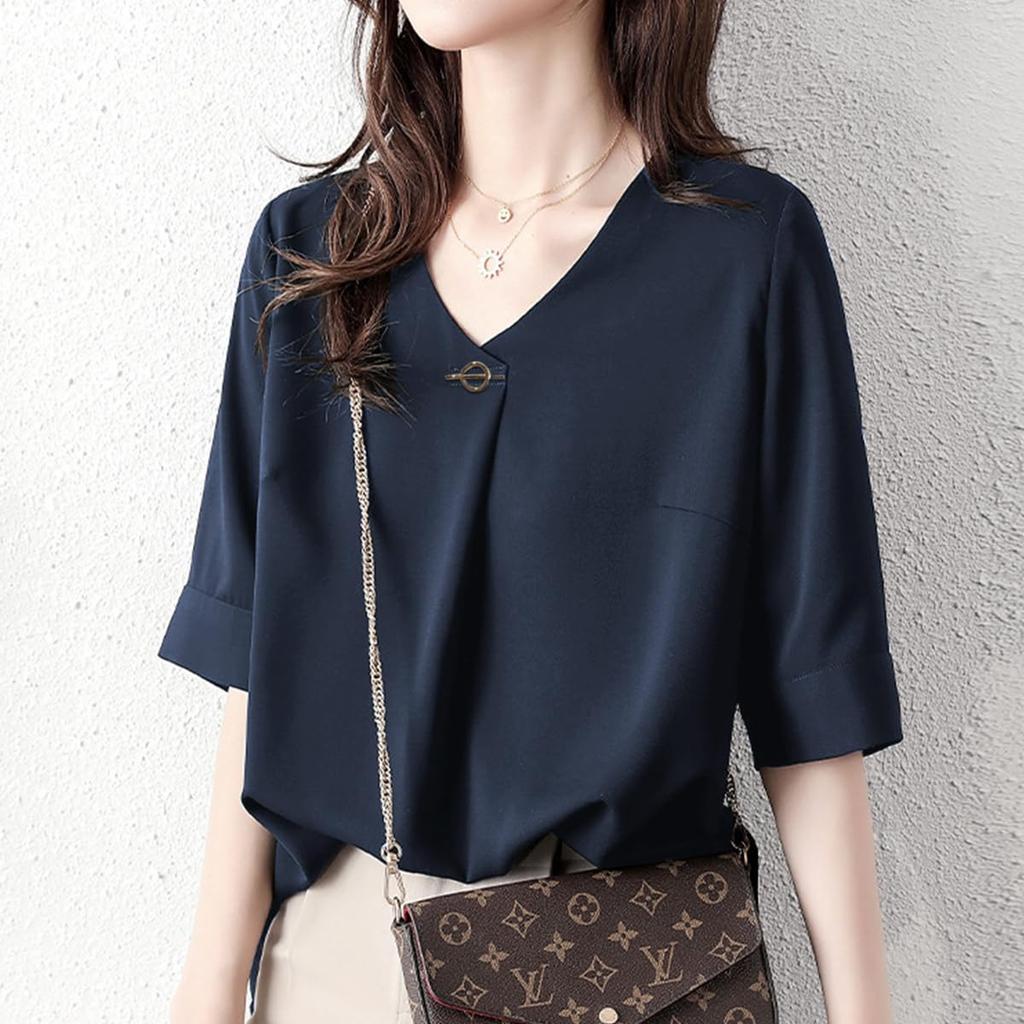 short for summer [Yino] Shirts, blouses, women's, sleeves, tops, V-neck, decorative, tucks, body-concealing, slimming, loose, plain, simple,