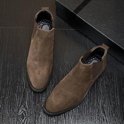Large Size Chelsea Boots Men's Summer Breathable British Style Pointed Fur Short Boots High Top Leather Shoes Medium Top Martin Boots