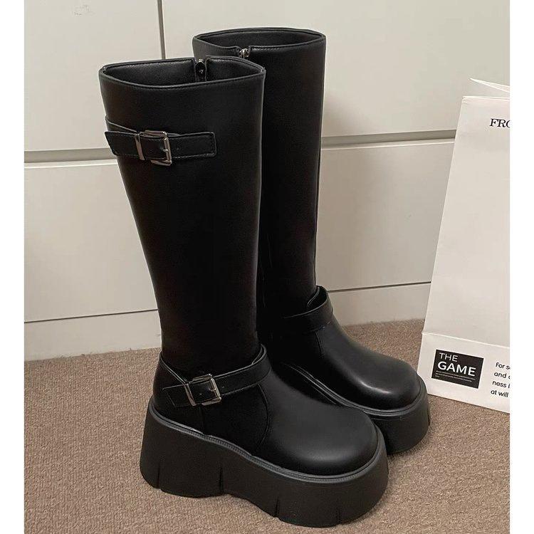 New French black platform boots autumn retro small fat mm thin and heightened knight boots