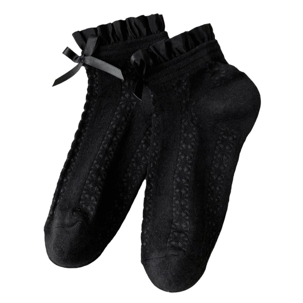 

1 pair Black White Princess Bow Socks Hollow Out Mesh Low Tube Socks Cute Short Socks Women Girls black-A
