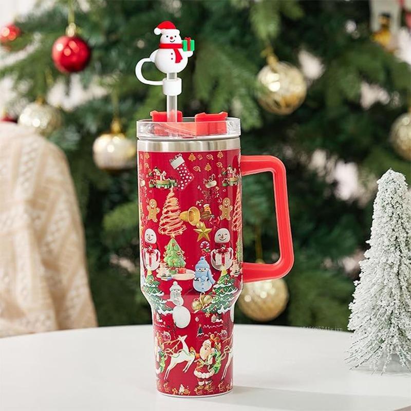Christmas New Silicone Straw Cover 10mm Large Diameter Reusable Straw Tips Cartoon Cute Holiday Gift Dust Cap Party Xmas Decor