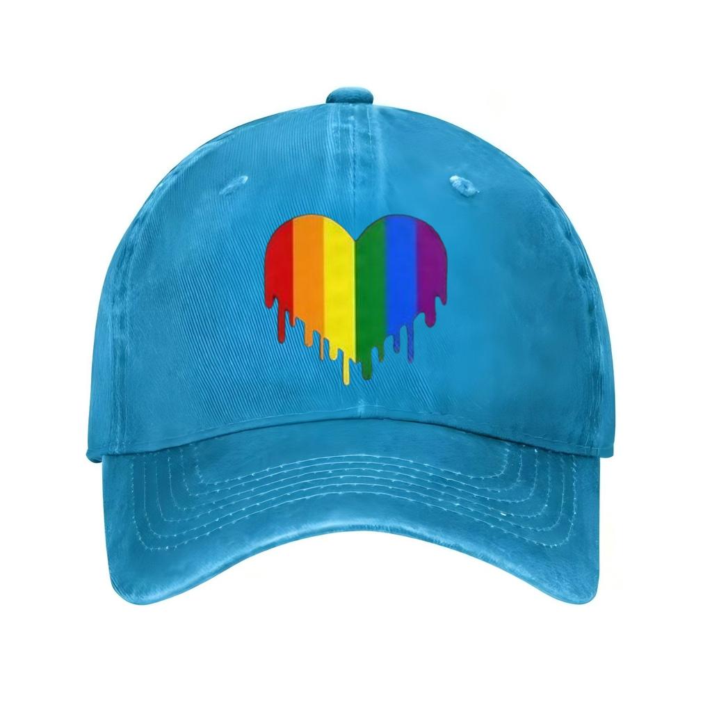 Rainbow Dripping Heart Gay Pride Baseball Cap Distressed Denim Style Casual Sun Shield Hat for Men Women