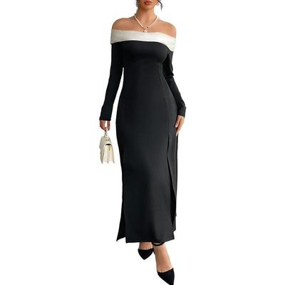 Women's Off Shoulder Slit Party Dress Elegant Classy Ruched Long Sleeve Sexy Maxi Bodycon Cocktail Dress