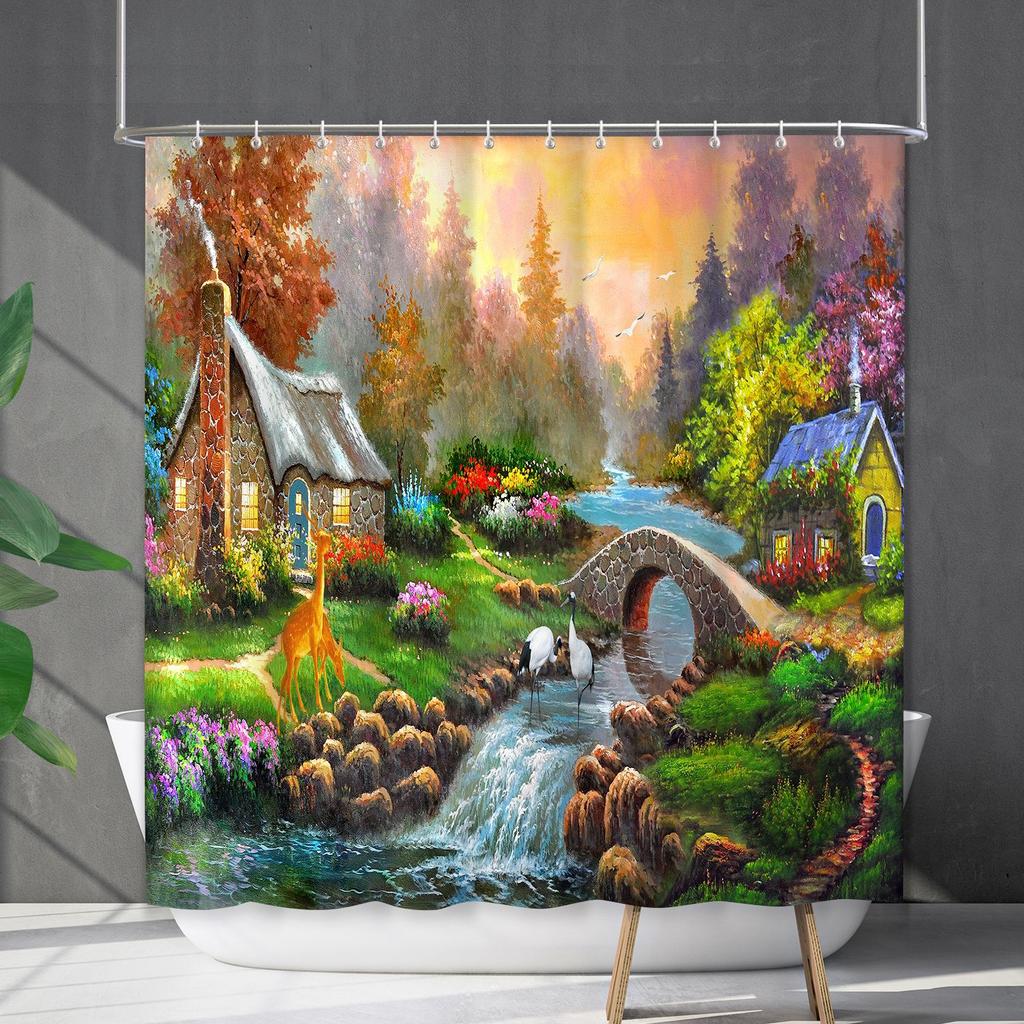 Bathroom Waterproof Curtain Digital Printing Landscape Waterfall Shower Curtain Free Punching Toilet Partition Curtain Shower Cloth