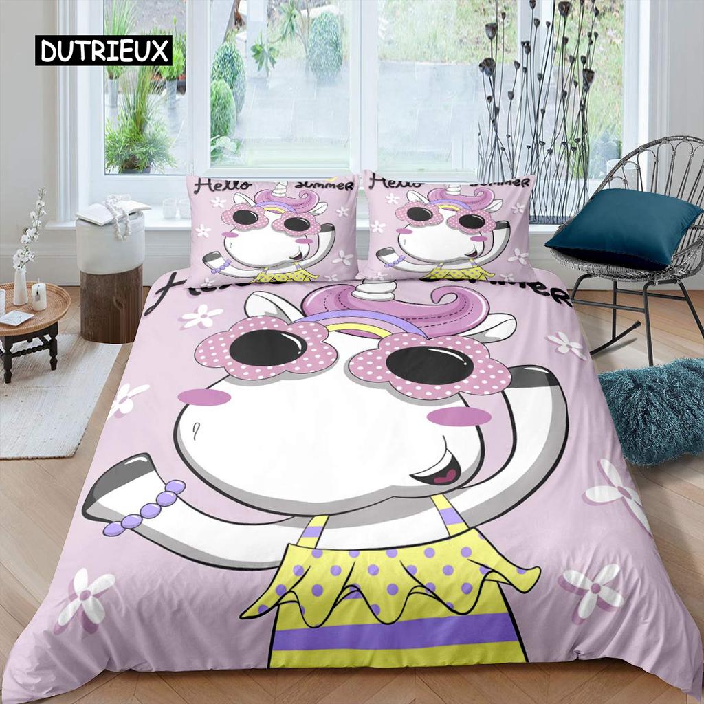 Dolphin Comforter Cover King Size Cute Unicorn Duvet Cover Cartoon Animal Pattern Bedding Set Blue Ocean Beach Theme Quilt Cover