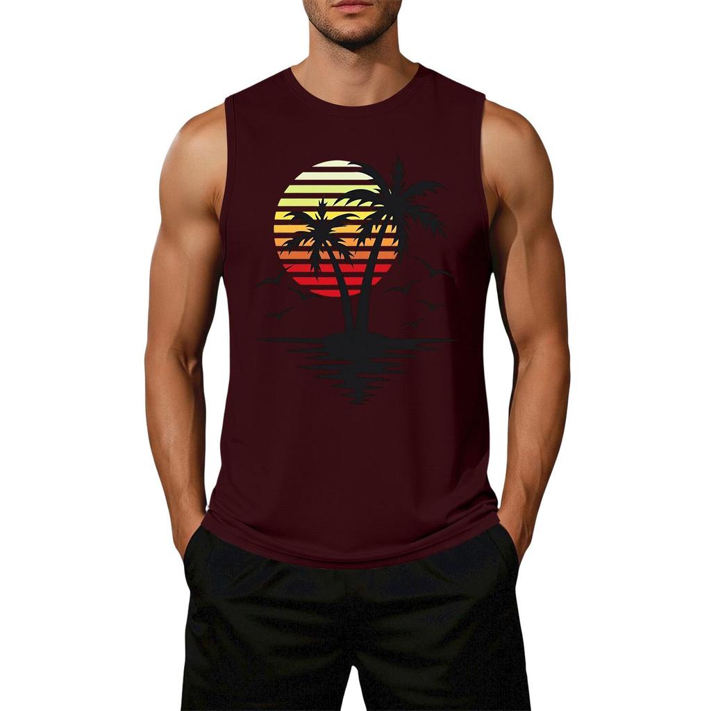 Men's Loose Fit Casual Sleeveless Tank Top Palm Tree Graphic Print Summer Beachwear Muscle Shirt