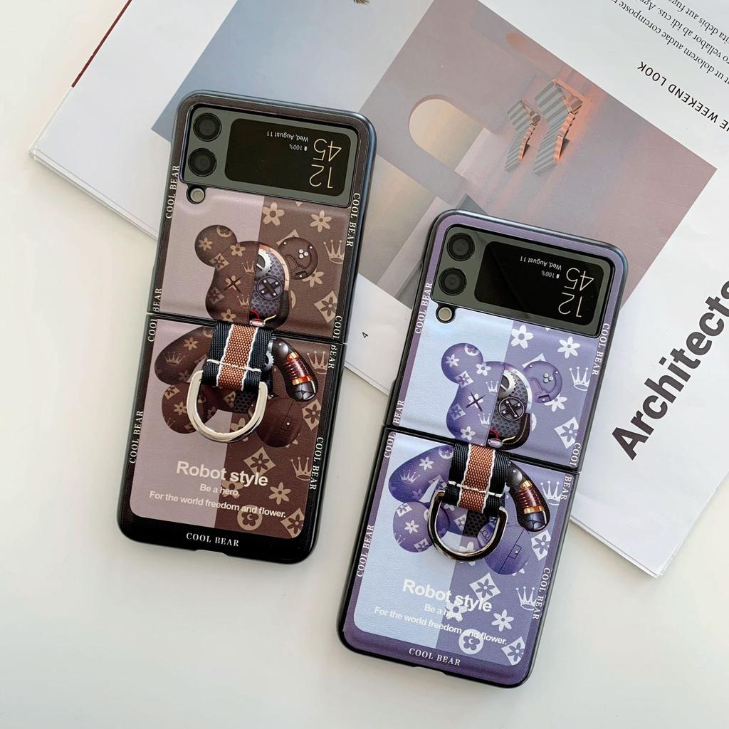 Suitable for Samsung ZFlip45G Version Leather Fingerprint Ring Mobile Phone Case Violent Bear Folding Screen Anti Fall Protection Case Anti Slip