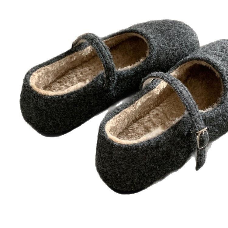 Wear Small Fragrant Wind Fluffy Shoes Female Flat Woolen Mary Jane Velvet Evening Wind Skirt Fairy Ballet Fluffy Shoes