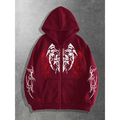 Y2K Dark Fashion Original Print Zippered Hoodie | Casual Street Style, Long Sleeve, Fiber, Regular Fit