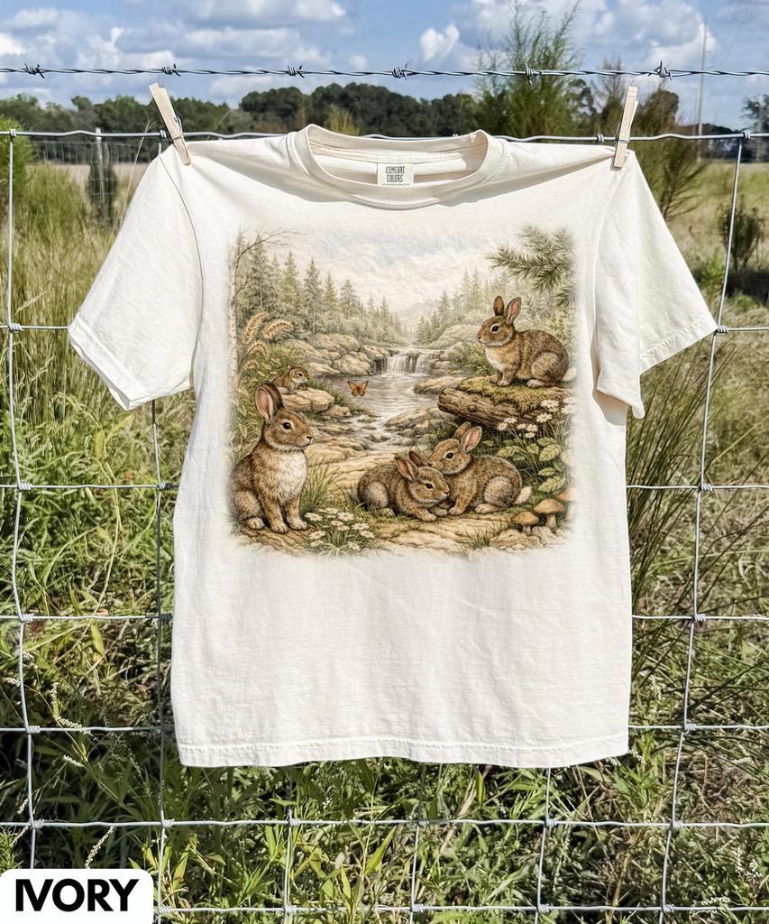 Rabbits Graphic T-Shirt,Rabbit Lover Gift for Her,Retro Cute Bunnies Shirt,Cozy Aesthetic Gift Tee,Whimsical Animal Gift,Woodland Bunny Top