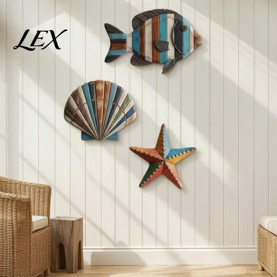 Puffer Fish Wall Sculptures 3Pcs Wooden Pufferfish/Fish/Seagull/Swallow Decor, Nautical Art, Rustic Coastal Decoration, Ocean Theme Hanging