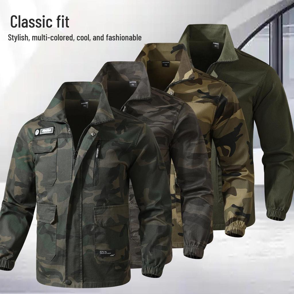 Unisex Spring/Autumn Elastic Camouflage Workwear Set - Cotton, Anti-Scald, Wear-Resistant, Ideal for Auto Repair