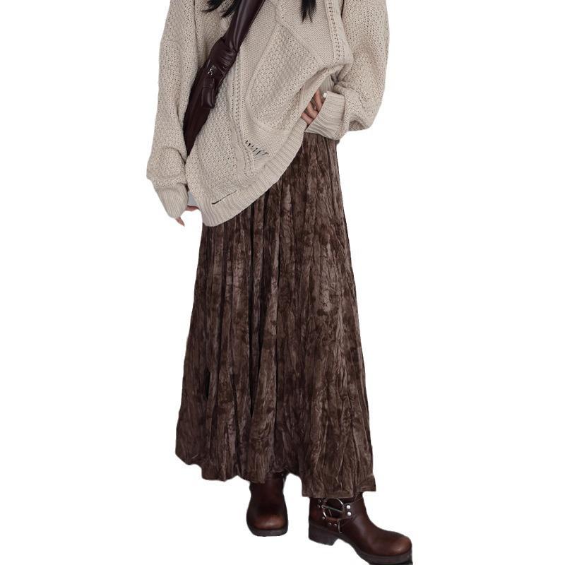 French Retro Pleated Velvet A-Line High Waist Skirt for Women - Spring/Autumn