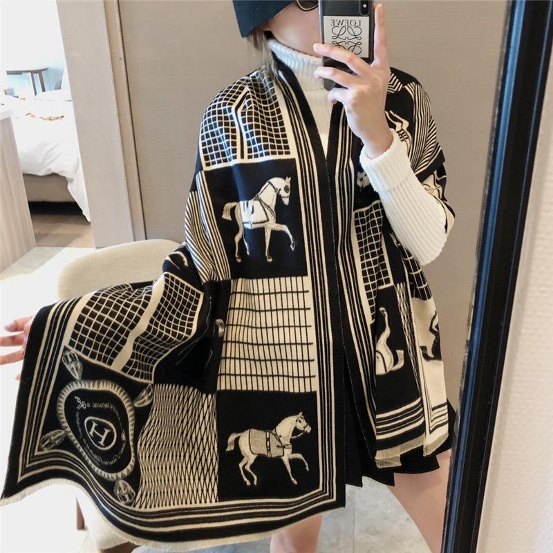 Carriage scarf, women's imitation cashmere air conditioner shawl, winter dual-purpose thickened scarf, fringed long style to keep warm