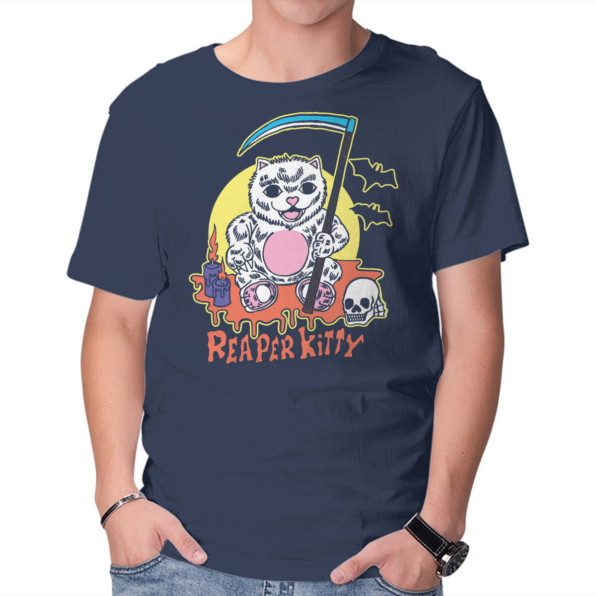 Unisex Crew Neck T-Shirt The Reaper Kitty Graphic Short Sleeve Casual Tee XS