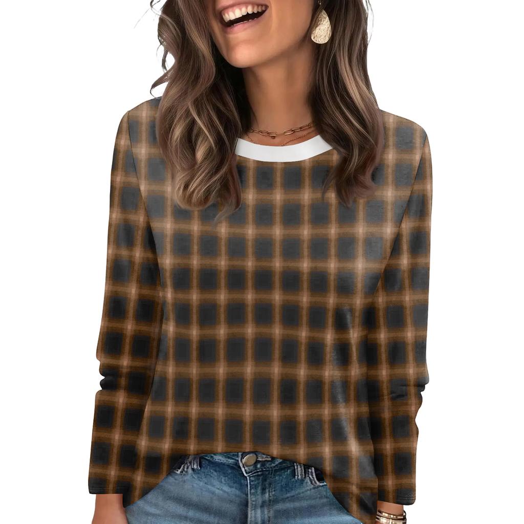 Ladies' Plaid Printed Fashionable Casual Round Neck Long Sleeved Round Neck Top