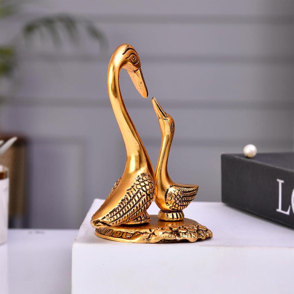 Schwan/Kranich-Set in antikgoldener Ausführung, Metallschnitzsockel zur Dekoration und als Geschenk, Heimdekor, Prunkstück, Statue