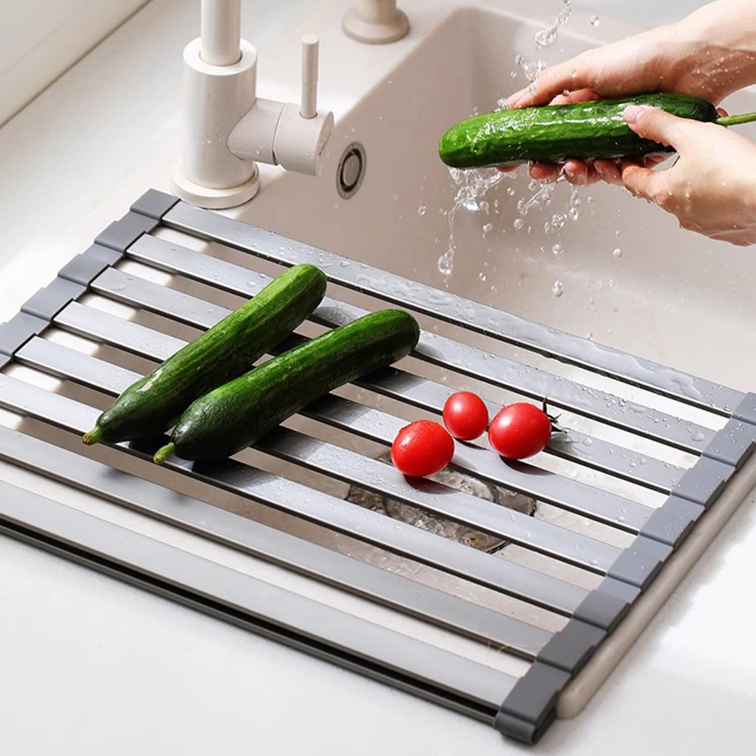 

Сушилка для посуды Kamelun над раковиной из нержавеющей стали, складная, трехсекционная, стальная, аккуратная, компактная, нержавеющая, антибактериальная, кухонная, широкая, 5532,5 см