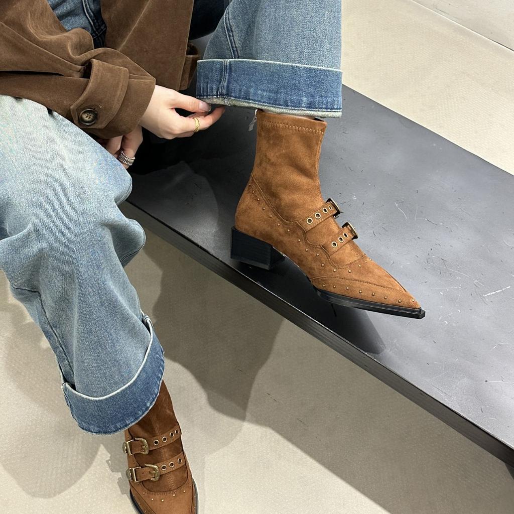 Belt Buckle Suede Pointed Short Boots Women's 2025 Autumn New Thick Heel Sexy Chelsea Boots Fashion Boots Women's Boots