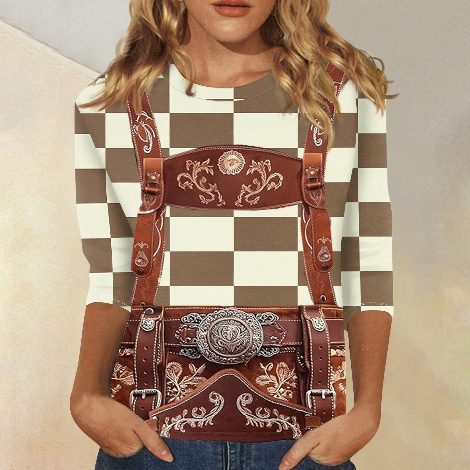 Women’s Casual Checkered Round Neck Top with Traditional Festival Printed Design and Three Quarter Sleeves for Everyday Wear XXL хаки