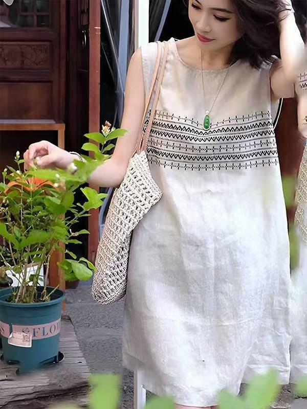 Summer new casual literary and retro skirt heavy industry embroidery sleeveless vest medium and long dress women s clothing M