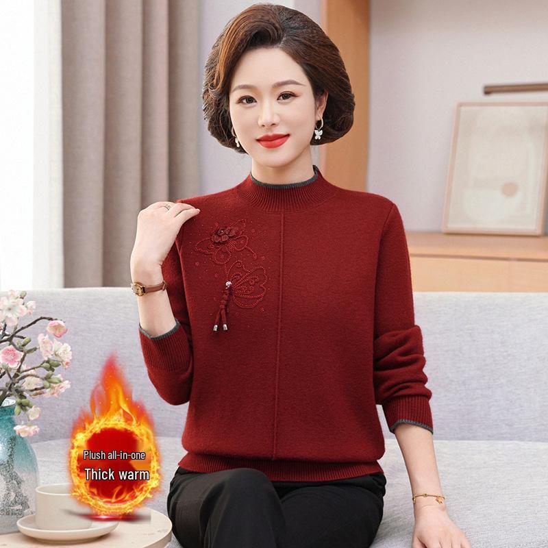 

Mom s Cozy Fleece-Lined Winter Sweater, Warm Half-High Collar Top for Middle-Aged & Elderly Women 2XL (120-135 kg recommended)