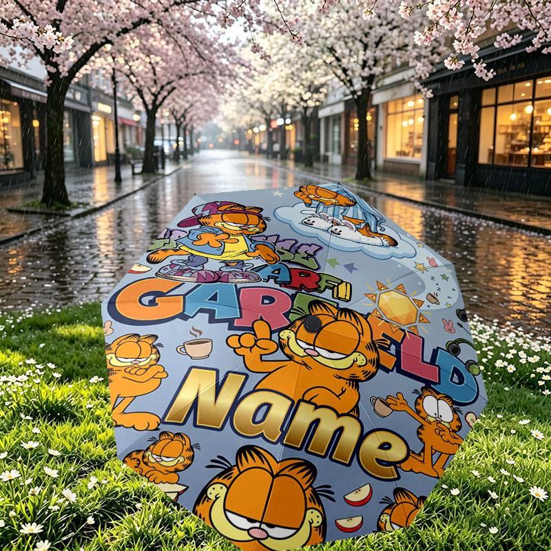 Personalisierter Garfield-Druckschirm mit individuellem Namen, Automatisches Öffnen und Schließen, Stabiler 8-Rippen-Rahmen, Für Pendeln, Camping, Wandern, Geburtstagsgeschenk