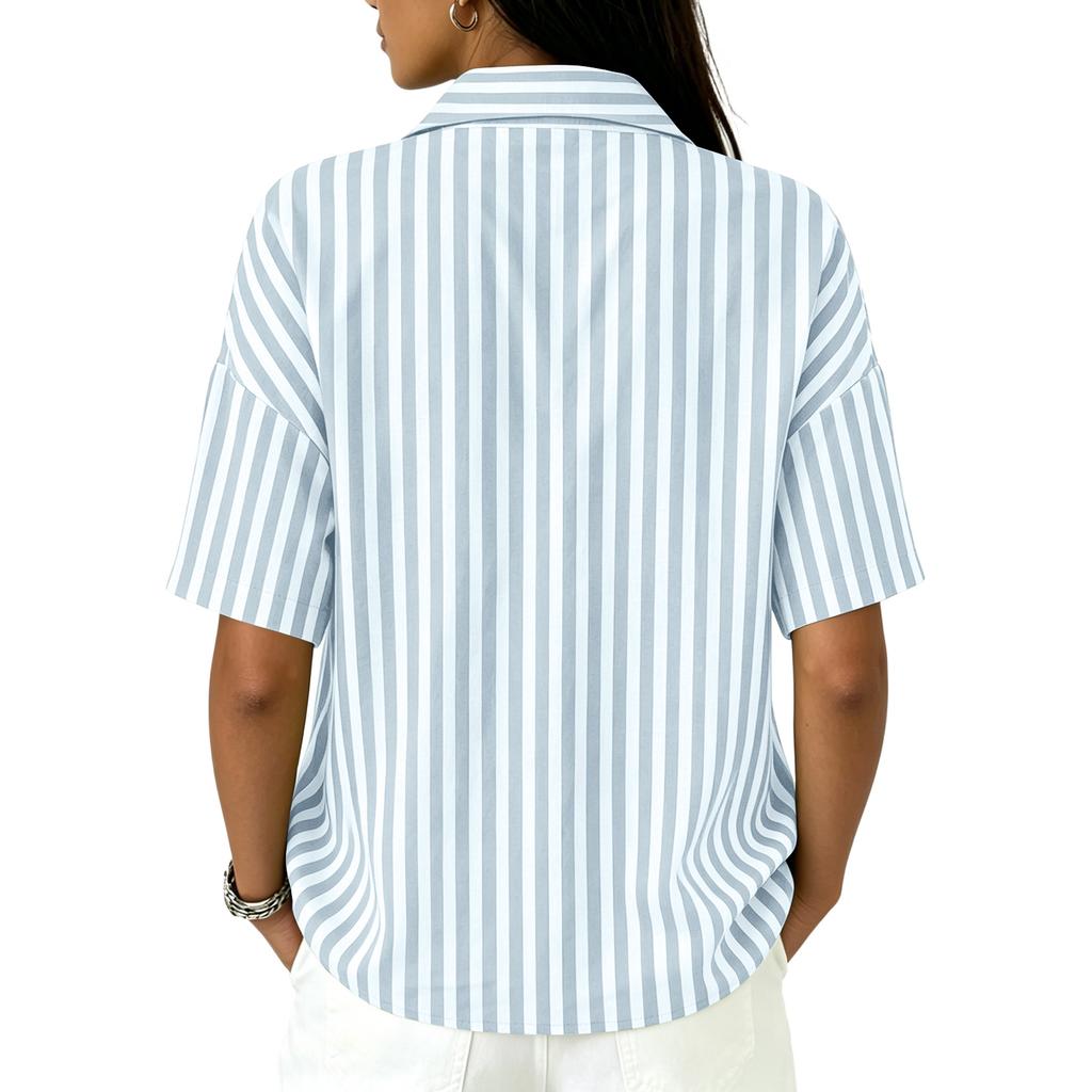 Women Striped Collared Button Down Short Sleeve Loose Fit Casual Top Lightweight Blouse for Everyday Wear Office School Travel