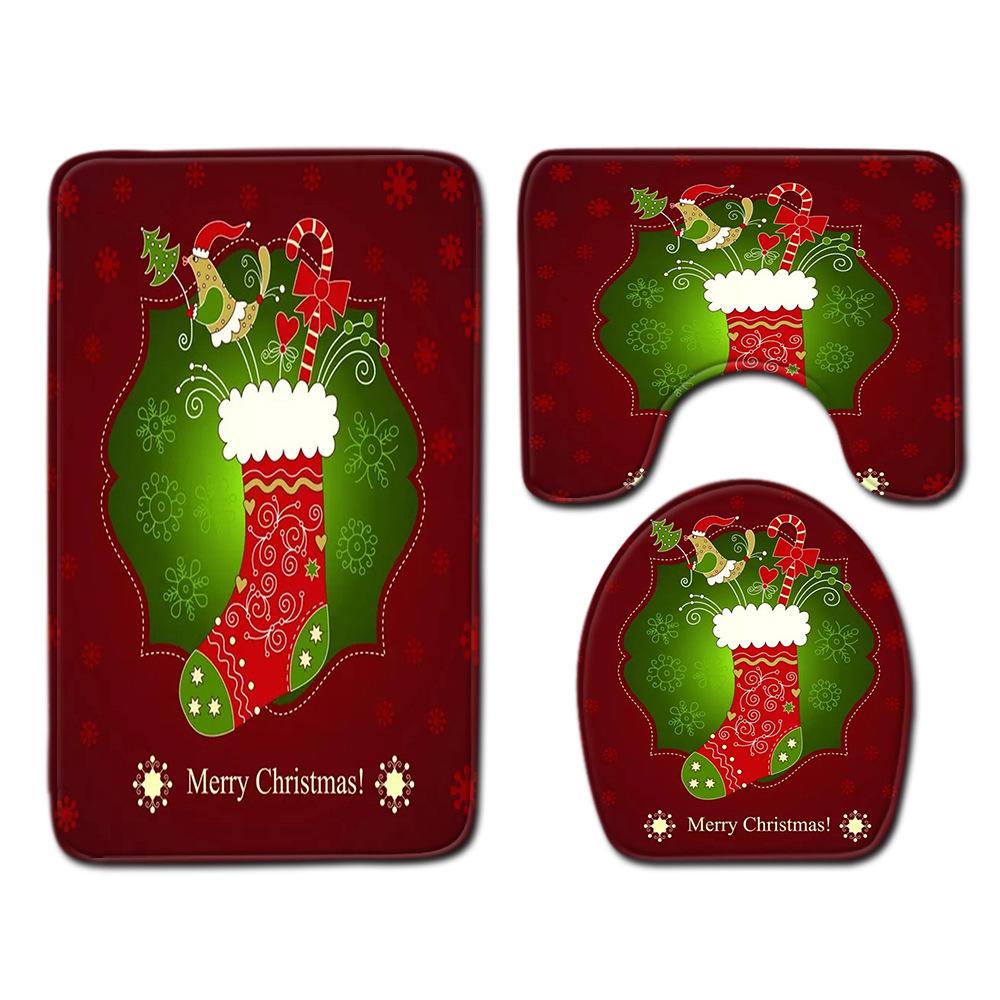 Christmas Bathroom Non-Slip Doormat Bathroom Waterproof Shower Curtain Toilet Floor Mat Four-Piece Shower Room Absorbent Carpet