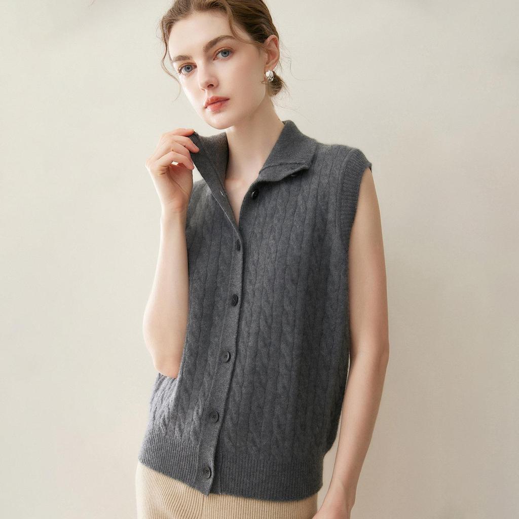 Korean Style High Neck Cable Knit Cashmere Cardigan Vest - Women's Loose Fit Slimming Top