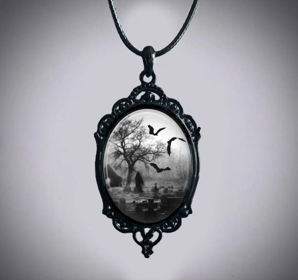 Gothic Bat Cemetery Charm Necklace For Women Man Fashion Witch Jewelry Accessories Gift Cemetery Glass Pendant Rope Chain Choker