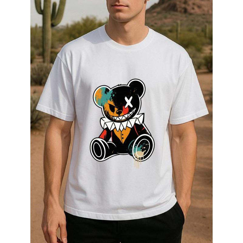 European Size Men'S Short-Sleeved Shirt Featuring a Villain Costume Design with Dark Graffiti And a Teddy Bear Print, Made from Pure