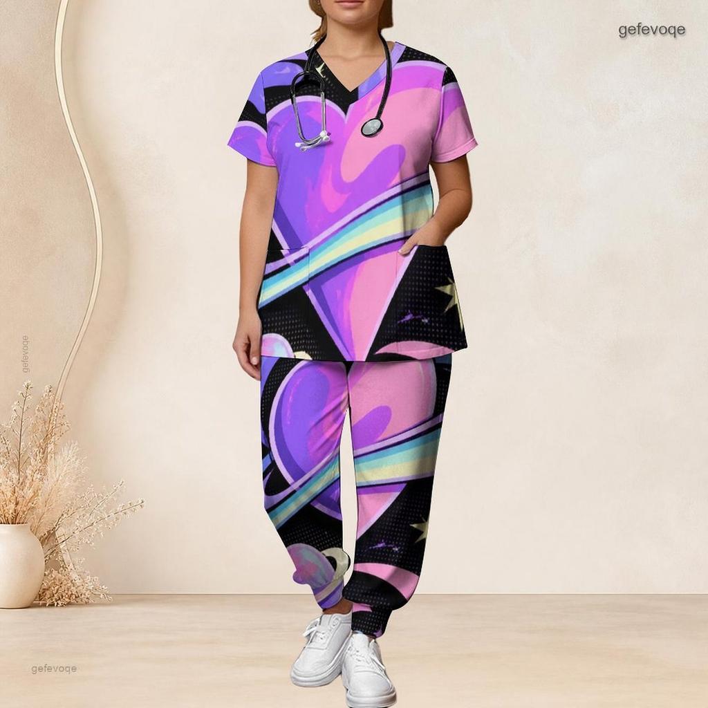 Women Plus Size V Neck Short Sleeve Scrub Set Wine Glass Leaf Abstract Art Print Nurse Uniform Set