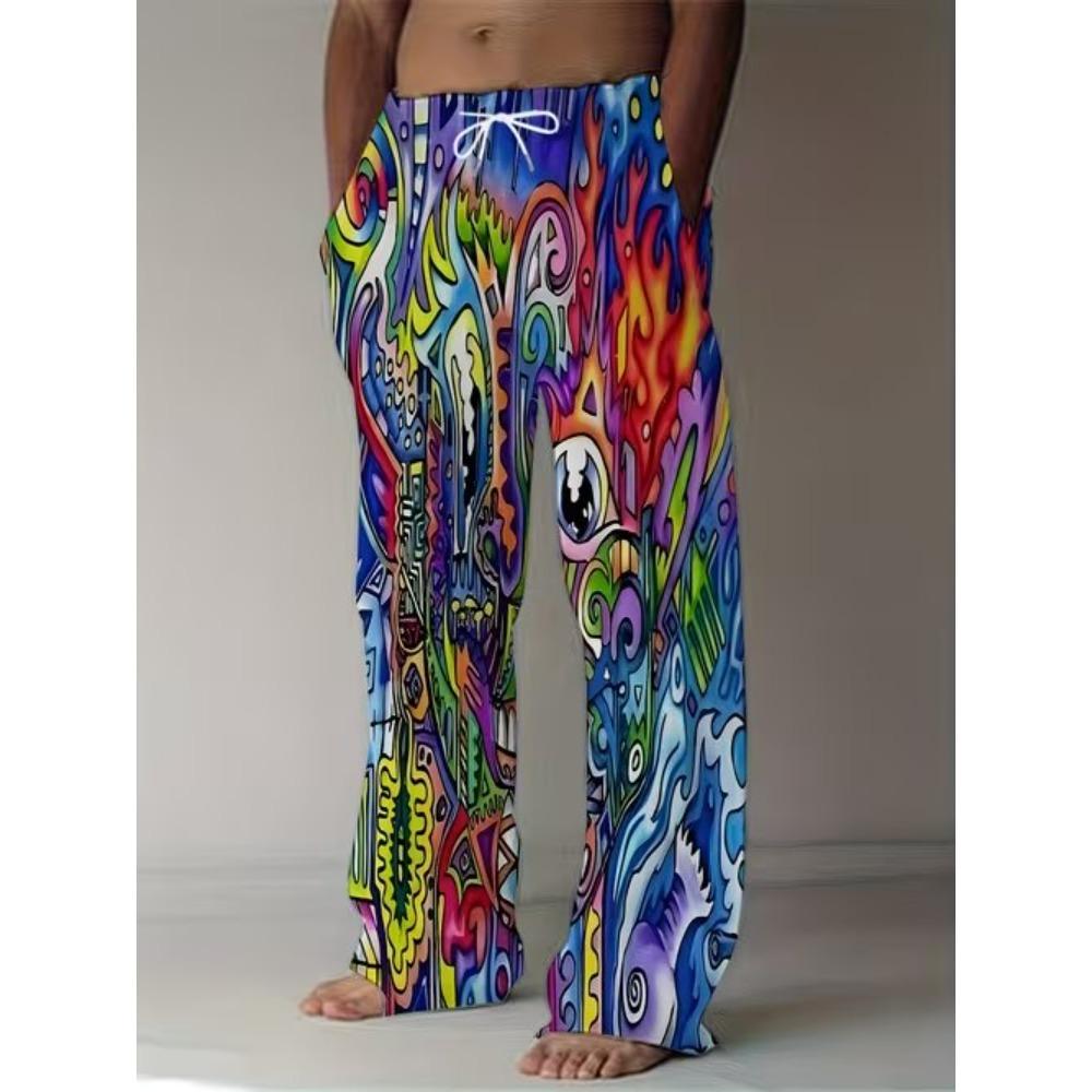 Men's 3D Retro Printed Baggy Casual Trousers, Elastic Drawstring Waist with Pockets, for Spring Summer Home Outdoor Vacation