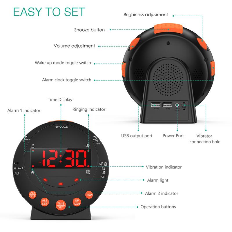 ORIA Loud Alarm Clock with Bed Shaker Vibrating Alarm Clock  with Adjustable Dimmer for Heavy Sleeper Deaf Hard of Hearing